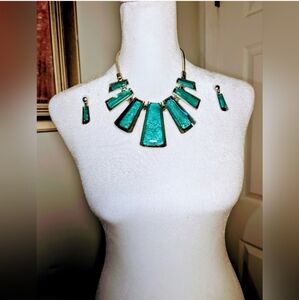 Bold Statement Silver Tone and Turquoise Necklace and Earring Set